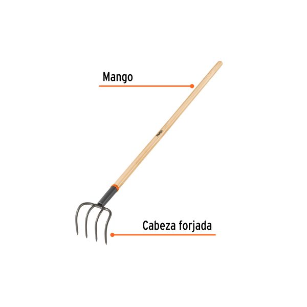 10568 - Cultivador forjado, 4 dientes, mango de madera 54', TRUPER