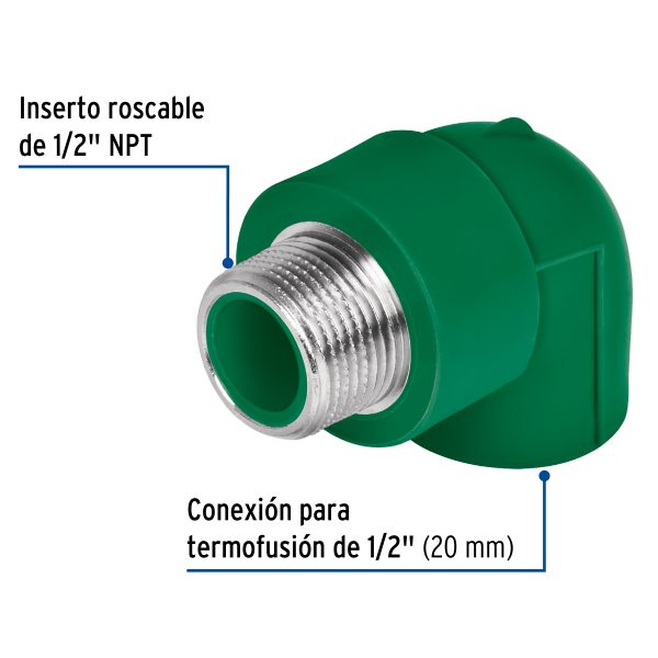 49855 - Codo 90° PPR,  1/2', rosca macho con inserto metálico, Foset