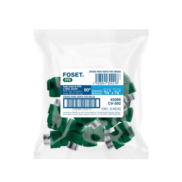 CV-592E1.jpg 45266 - Codo oreja 90° PPR, 3/4', macho con inserto metálico, Foset