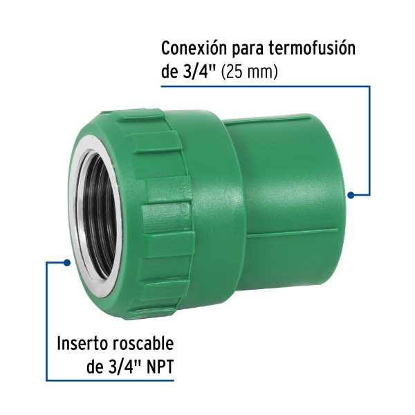49886 - Adaptador PPR 3/4' hembra con inserto metálico, Foset