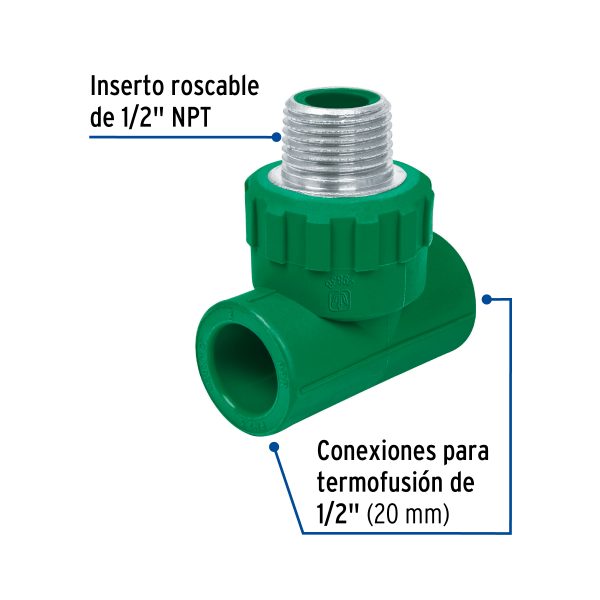 49838 - Tee macho de PPR 1/2' con inserto metálico, Foset