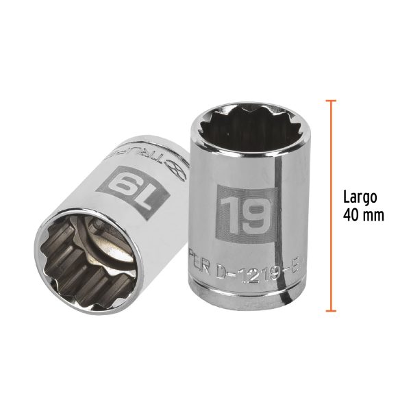 13533 - Dado de 19 mm, 12 puntas, cuadro 1/2', Truper