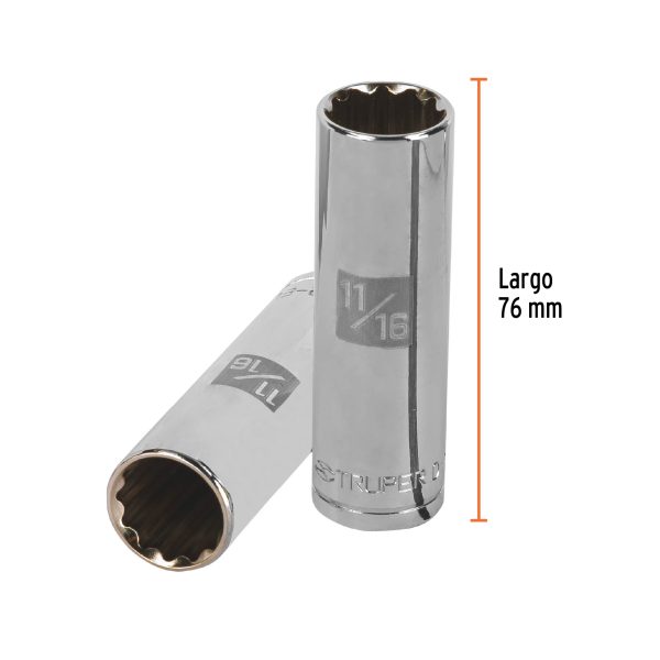 13363 - Dado largo de 11/16', 12 puntas, cuadro 1/2', Truper