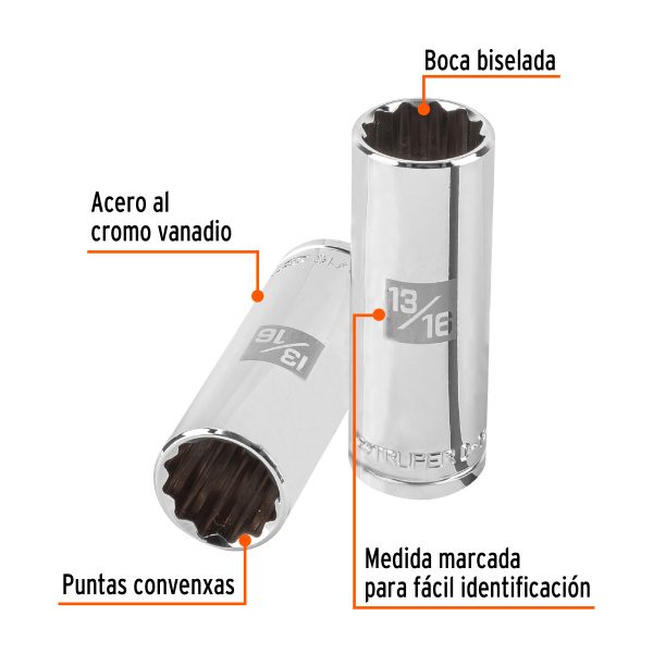 13367 - Dado largo de 13/16', 12 puntas, cuadro 1/2', Truper