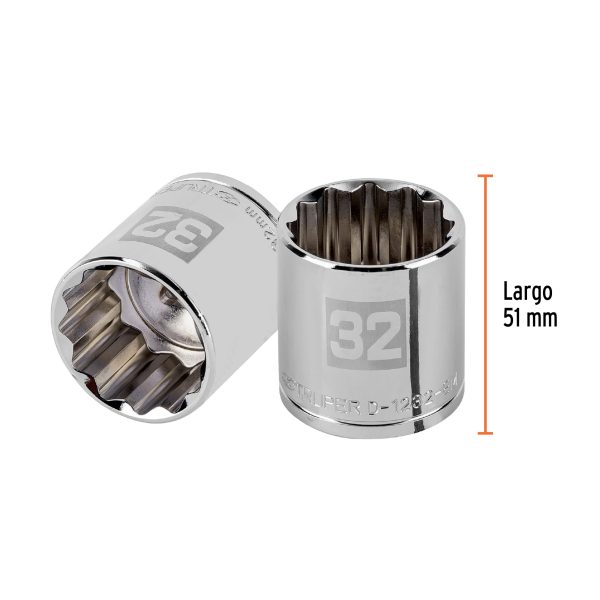 13545 - Dado de 32 mm, 12 puntas, cuadro 1/2', Truper
