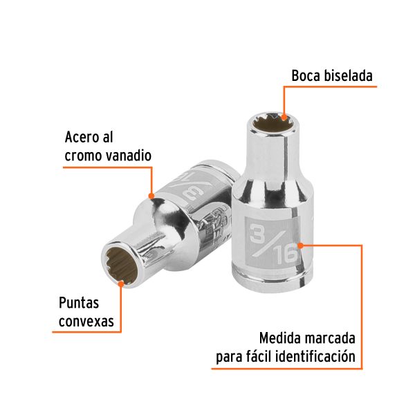 100873 - Dado de 3/16', 12 puntas, cuadro 1/4', Truper