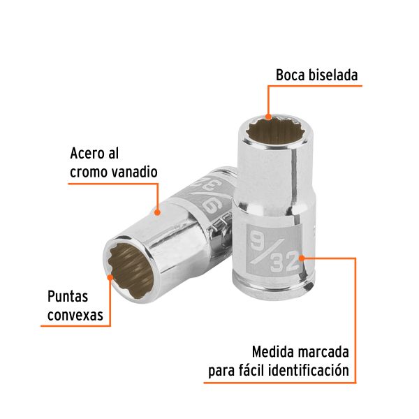100876 - Dado de 9/32', 12 puntas, cuadro 1/4', Truper
