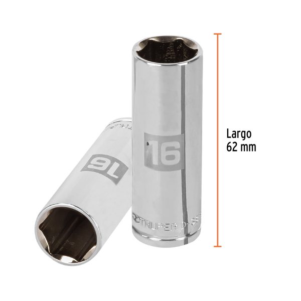 13776 - Dado largo de 16 mm, 6 puntas, cuadro 3/8', Truper