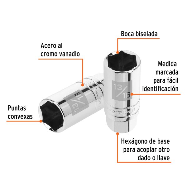 13657 - Dado para bujías de 13/16', 6 puntas, cuadro 3/8', Truper