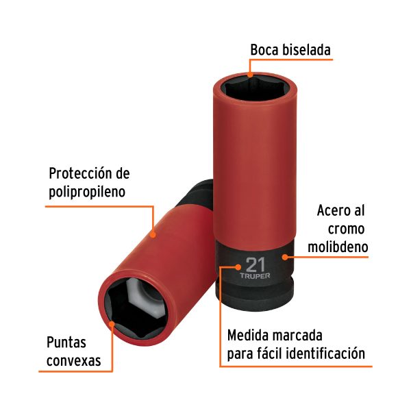 100905 - Dado largo impacto prot. plást. 21 mm, 6 puntas, cuadro 1/2'