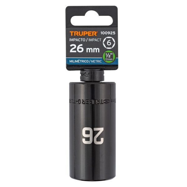 100925 - Dado largo impacto de 26 mm, 6 puntas, cuadro 1/2', Truper