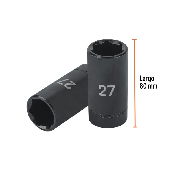 100926 - Dado largo impacto de 27 mm, 6 puntas, cuadro 1/2', Truper