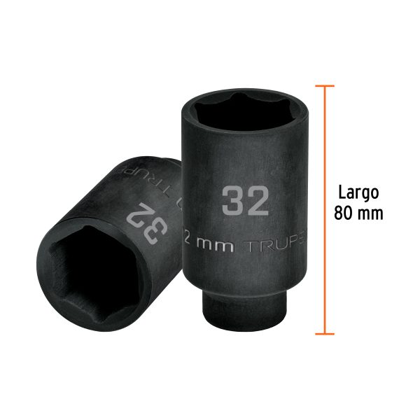 103192 - Dado largo impacto de 32 mm, 6 puntas, cuadro 1/2', Truper