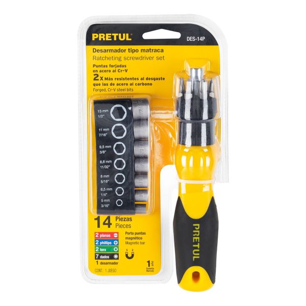 22974 - Desarmador tipo matraca con 6 puntas y 7 dados, Pretul