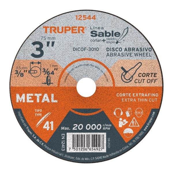 12544 - Disco Tipo 41 de 3' x 1 mm corte fino de metal, Sable