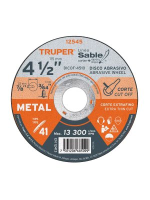 12545 - Disco Tipo 41 de 4-1/2' x 1 mm corte fino de metal, Sable