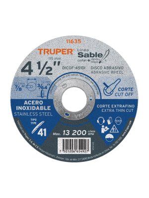 11635 - Disco Tipo 41 de 4-1/2' x 1 mm corte fino acero inox, Sable