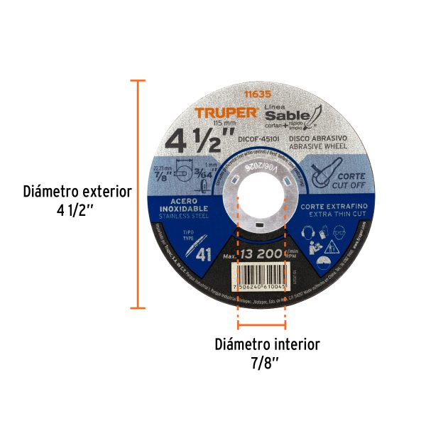 11635 - Disco Tipo 41 de 4-1/2' x 1 mm corte fino acero inox, Sable