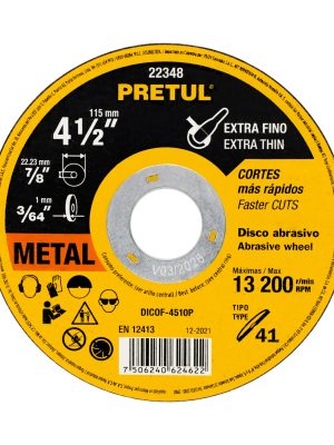 22348 - Disco Tipo 41 de 4-1/2' x 1 mm corte fino de metal, Pretul