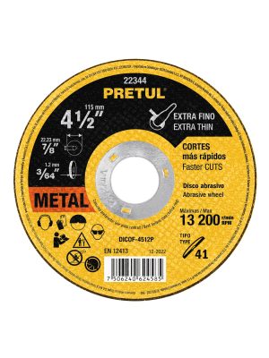 22344 - Disco Tipo 41 de 4-1/2' x 1.2 mm corte fino de metal, Pretul