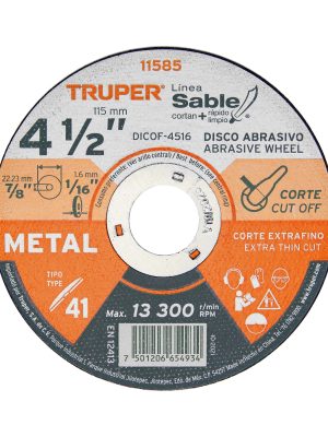 11585 - Disco Tipo 41 de 4-1/2' x 1.6 mm corte fino de metal, Sable