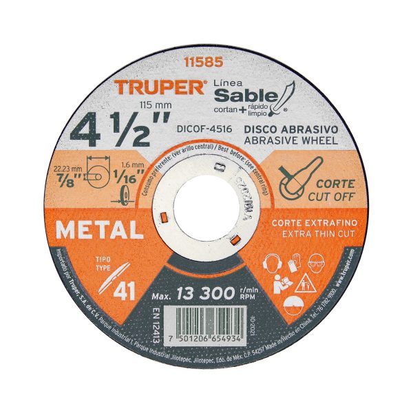 11585 - Disco Tipo 41 de 4-1/2' x 1.6 mm corte fino de metal, Sable