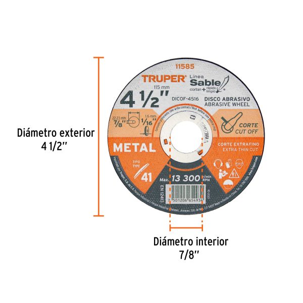 11585 - Disco Tipo 41 de 4-1/2' x 1.6 mm corte fino de metal, Sable