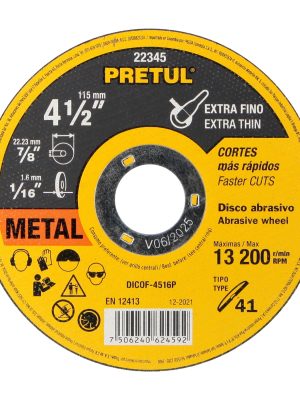 22345 - Disco Tipo 41 de 4-1/2' x 1.6 mm corte fino de metal, Pretul