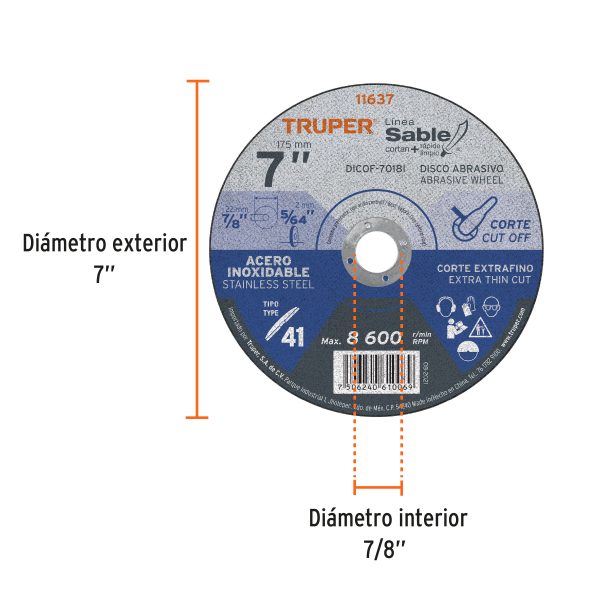 11637 - Disco Tipo 41 de 7' x 1.8 mm corte fino acero inox, Sable