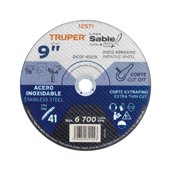 12571 - Disco Tipo 41 de 9' x 2 mm corte fino acero inox, Sable