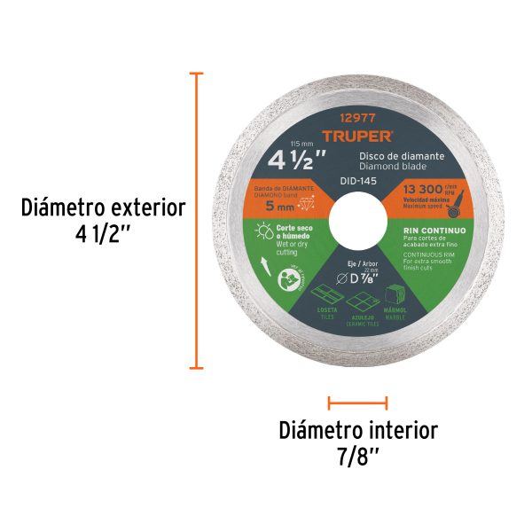 12977 - Disco de diamante de 4-1/2' x 1.6 mm, rin continuo, TRUPER