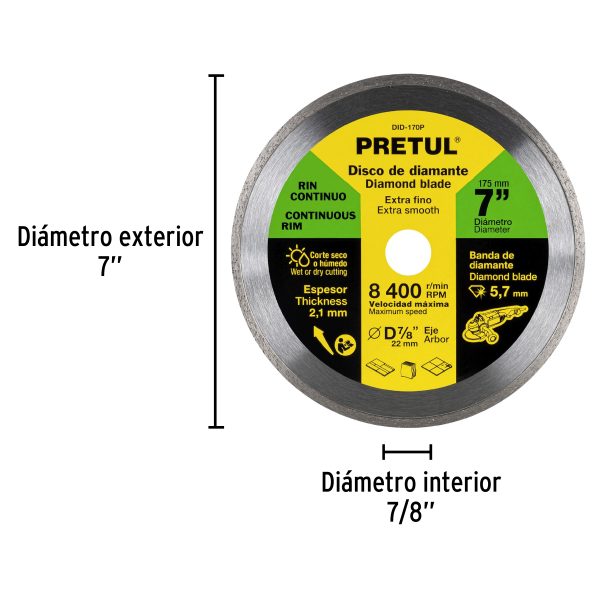 21000 - Disco de diamante de 7' x 2.1 mm, rin continuo, PRETUL