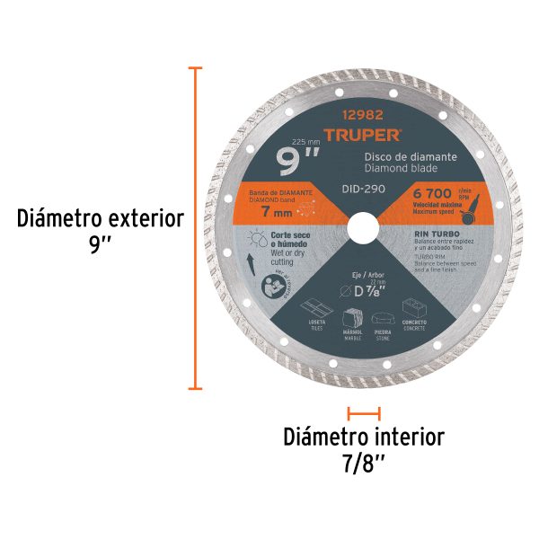 12982 - Disco de diamante de 9' x 3 mm, rin turbo, TRUPER
