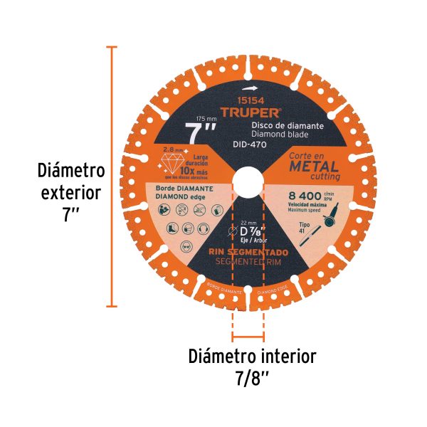 15154 - Disco de diamante de 7' x 2.8 mm, corte de metal, TRUPER