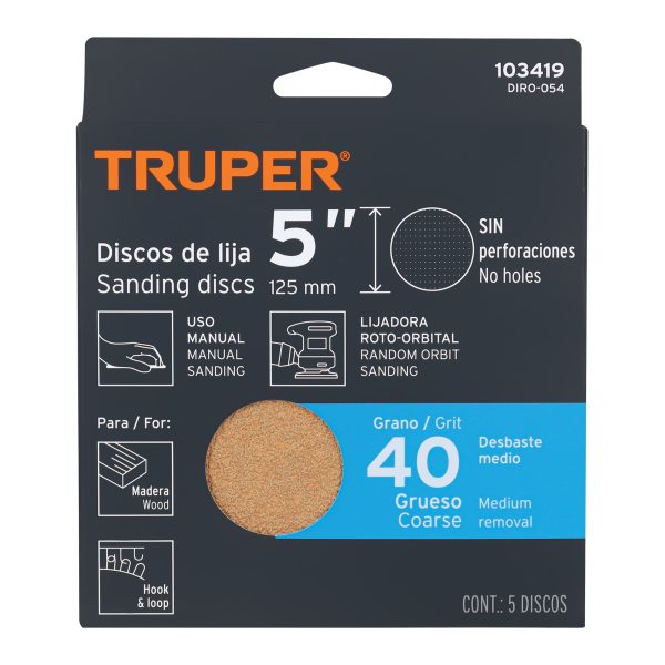 103419 - Paquete c/5 discos de lija 5' grano 40, ciegos