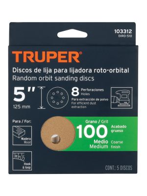 103312 - Paquete c/5 discos de lija 5' grano 100, 8 perforaciones