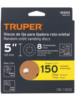 103313 - Paquete c/5 discos de lija 5' grano 150, 8 perforaciones