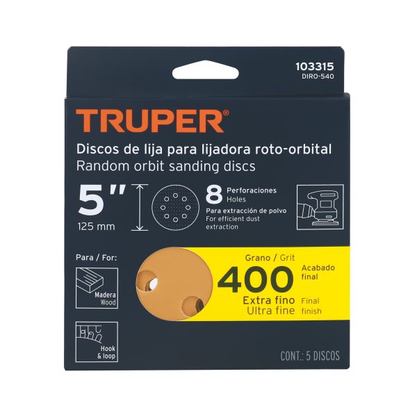 103315 - Paquete c/5 discos de lija 5' grano 400, 8 perforaciones