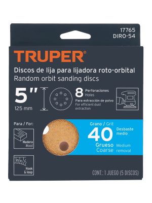 17765 - Paquete c/5 discos de lija 5' grano 40, 8 perforaciones