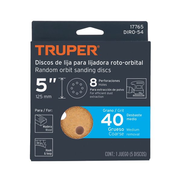 17765 - Paquete c/5 discos de lija 5' grano 40, 8 perforaciones