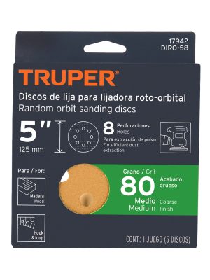 17942 - Paquete c/5 discos de lija 5' grano 80, 8 perforaciones