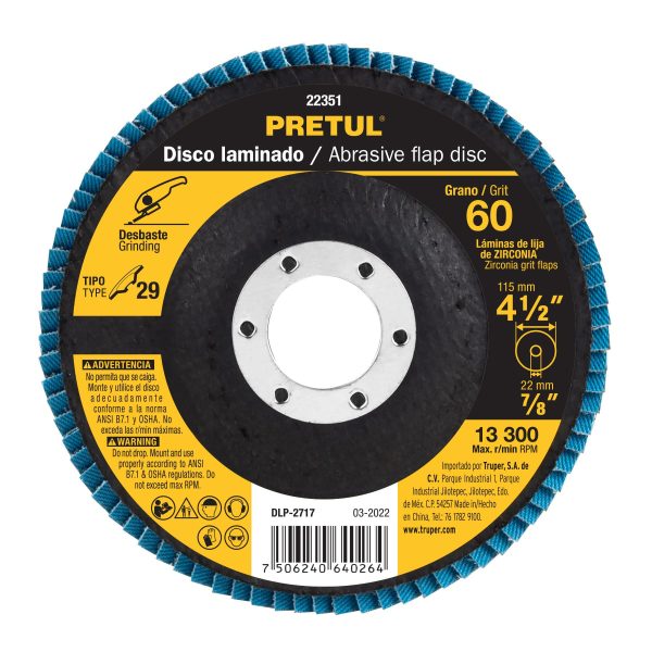 22351 - Disco laminado 4-1/2', grano 60 centro 7/8', fibra, PRETUL