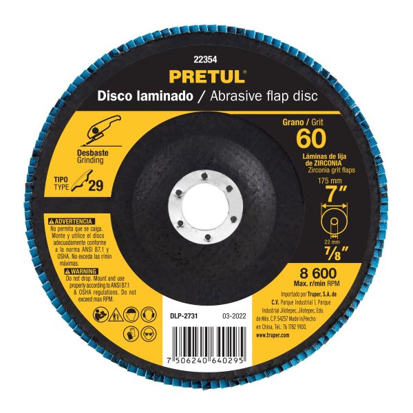 22354 - Disco laminado 7', grano 60 centro 7/8', fibra, PRETUL