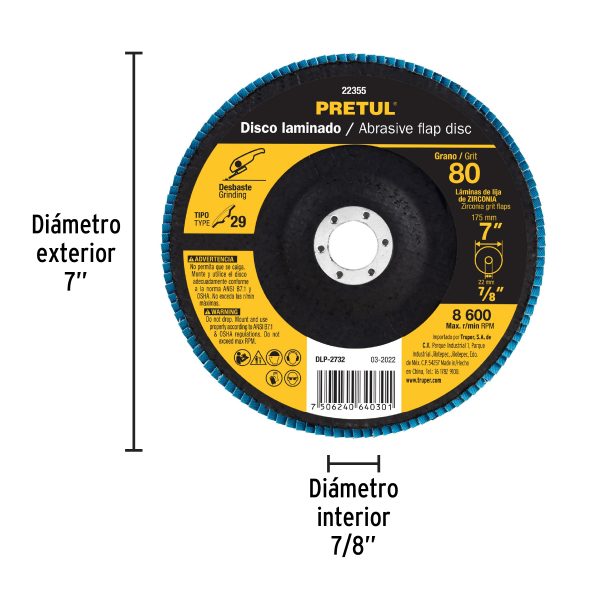 22355 - Disco laminado 7', grano 80 centro 7/8', fibra, PRETUL