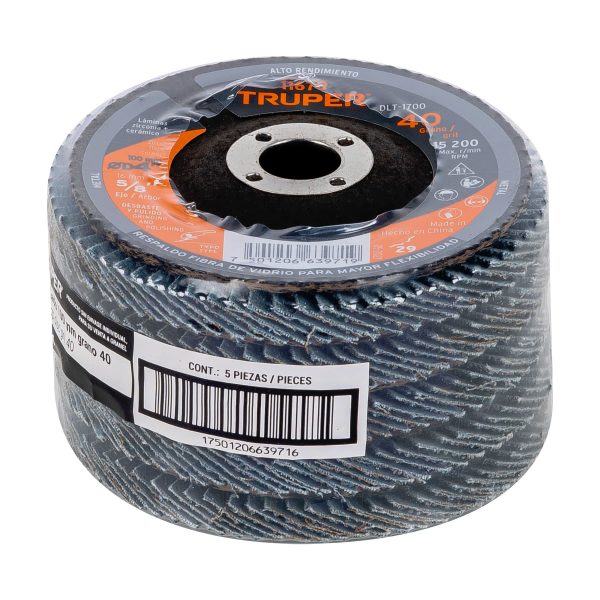 11670 - Disco laminado 4', grano 40 centro 5/8', fibra, TRUPER