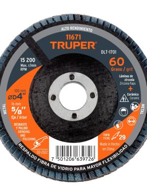 11671 - Disco laminado 4', grano 60 centro 5/8', fibra, TRUPER