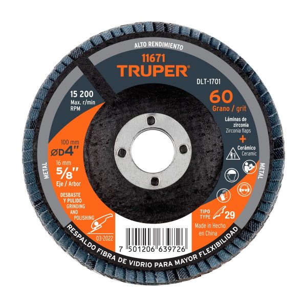 11671 - Disco laminado 4', grano 60 centro 5/8', fibra, TRUPER