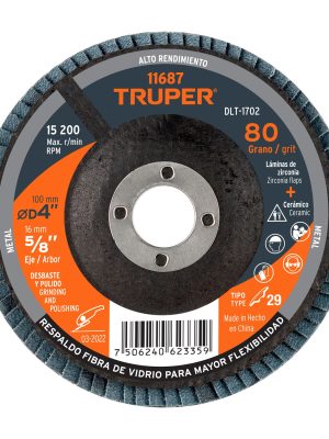 11687 - Disco laminado 4', grano 80 centro 5/8', fibra, TRUPER