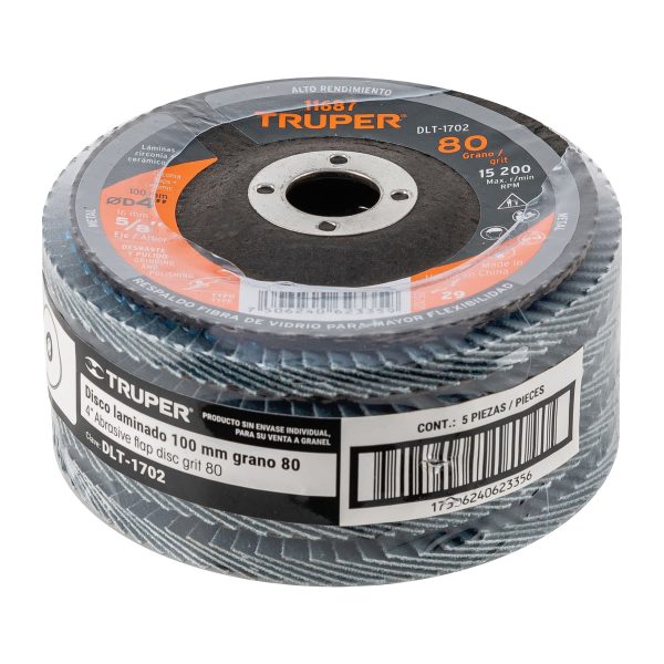 11687 - Disco laminado 4', grano 80 centro 5/8', fibra, TRUPER
