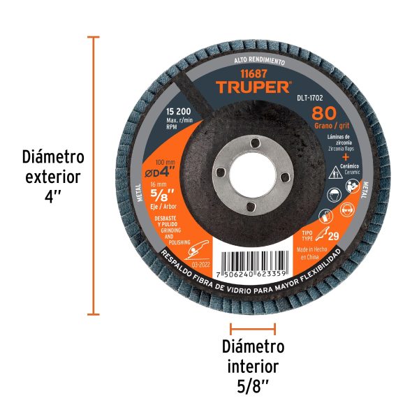 11687 - Disco laminado 4', grano 80 centro 5/8', fibra, TRUPER